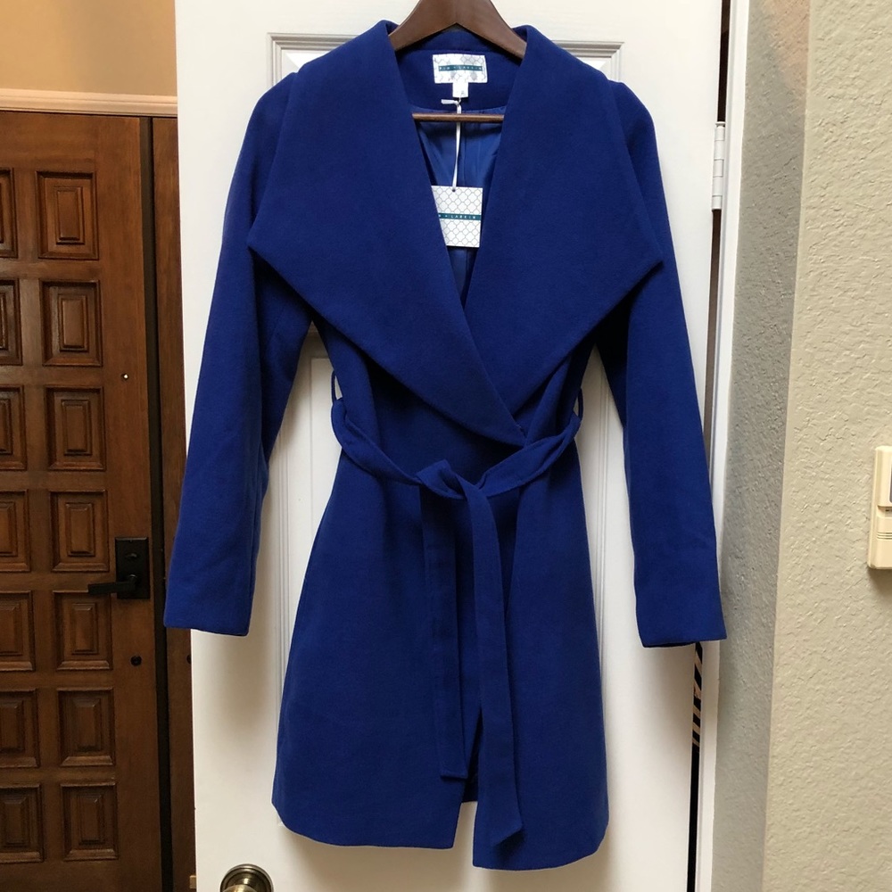 Pim + Larkin Funnel neck coat.  Royal blue.